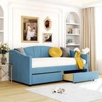 Lit de repos double en velours avec tiroirs de rangement – Beige / Bleu / Gris, assemblage par 2 personnes