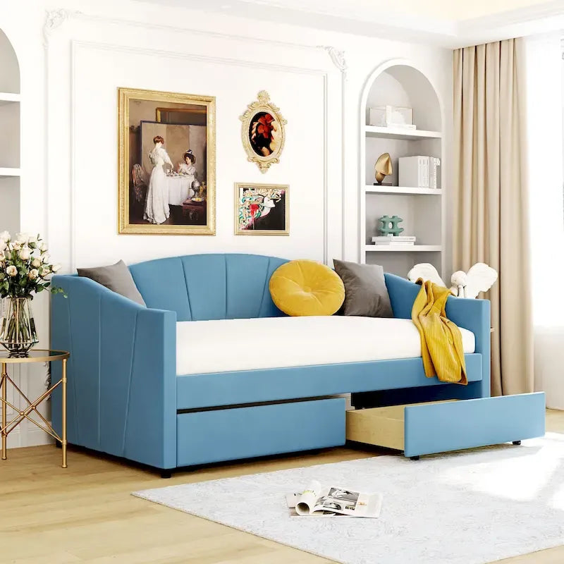 Lit de repos double en velours avec tiroirs de rangement – Beige / Bleu / Gris, assemblage par 2 personnes