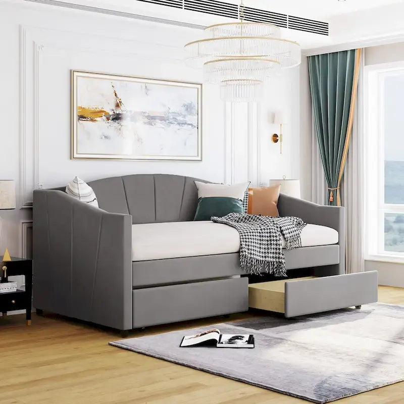 Lit de repos double en velours avec tiroirs de rangement – Beige / Bleu / Gris, assemblage par 2 personnes