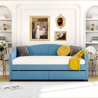 Lit de repos double en velours avec tiroirs de rangement – Beige / Bleu / Gris, assemblage par 2 personnes