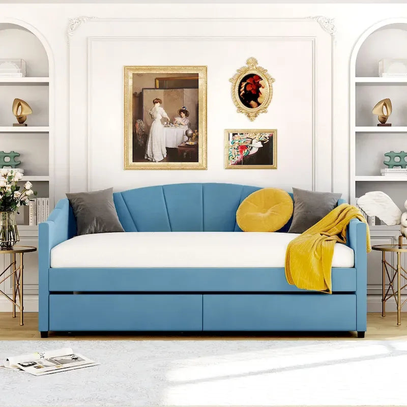 Lit de repos double en velours avec tiroirs de rangement – Beige / Bleu / Gris, assemblage par 2 personnes