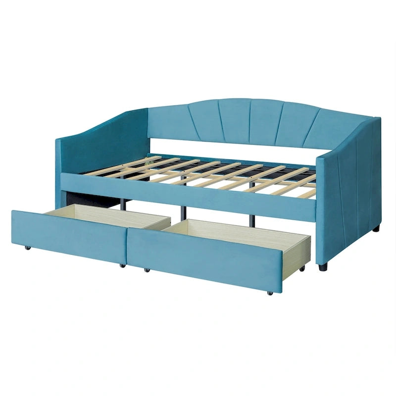 Lit de repos double en velours avec tiroirs de rangement – Beige / Bleu / Gris, assemblage par 2 personnes