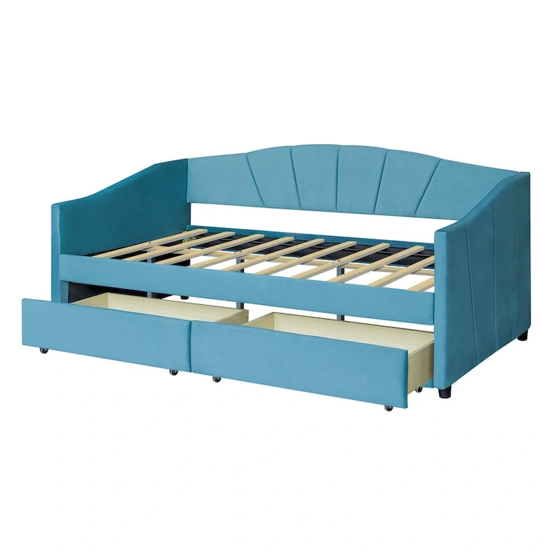 Lit de repos double en velours avec tiroirs de rangement – Beige / Bleu / Gris, assemblage par 2 personnes