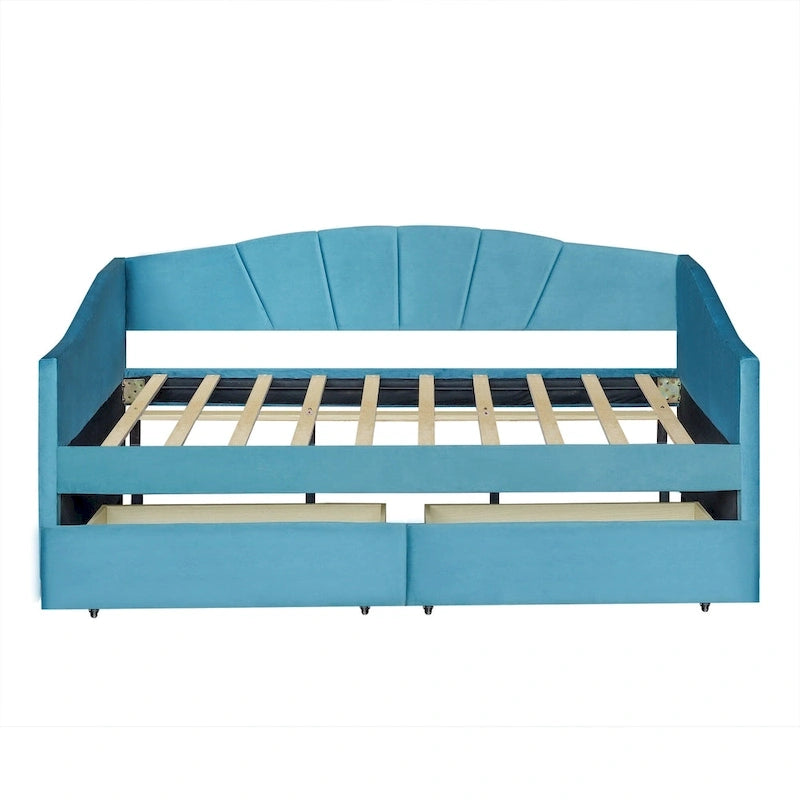 Lit de repos double en velours avec tiroirs de rangement – Beige / Bleu / Gris, assemblage par 2 personnes