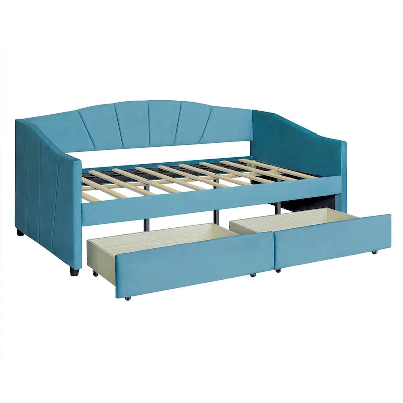 Lit de repos double en velours avec tiroirs de rangement – Beige / Bleu / Gris, assemblage par 2 personnes