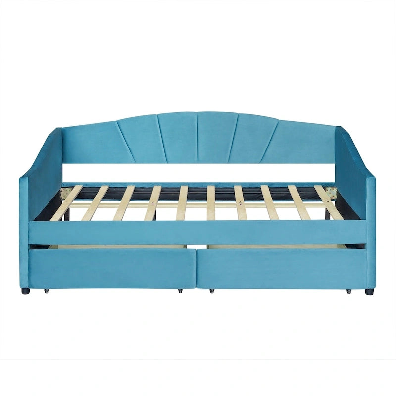 Lit de repos double en velours avec tiroirs de rangement – Beige / Bleu / Gris, assemblage par 2 personnes