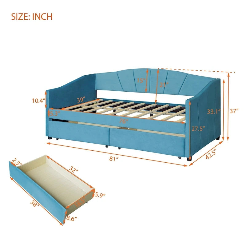 Lit de repos double en velours avec tiroirs de rangement – Beige / Bleu / Gris, assemblage par 2 personnes