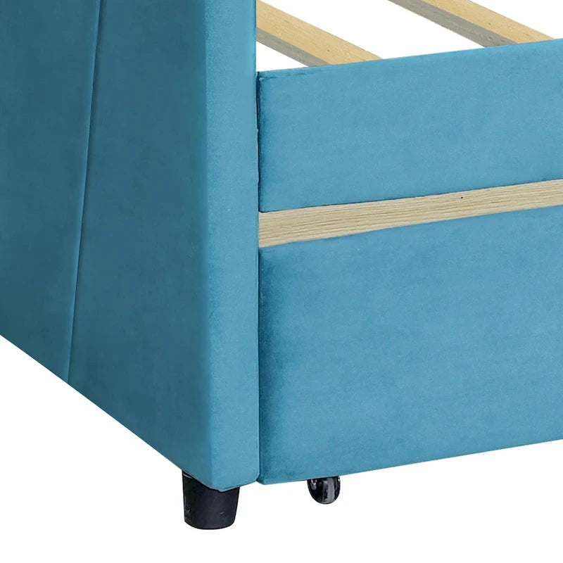 Lit de repos double en velours avec tiroirs de rangement – Beige / Bleu / Gris, assemblage par 2 personnes