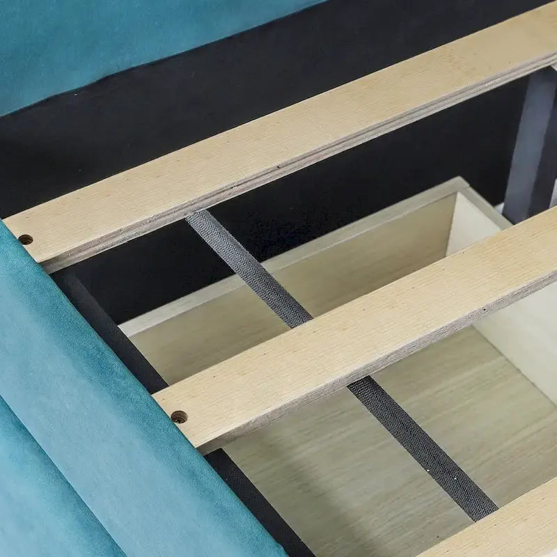 Lit de repos double en velours avec tiroirs de rangement – Beige / Bleu / Gris, assemblage par 2 personnes