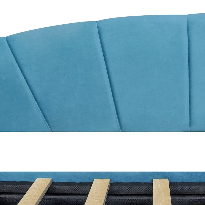 Lit de repos double en velours avec tiroirs de rangement – Beige / Bleu / Gris, assemblage par 2 personnes