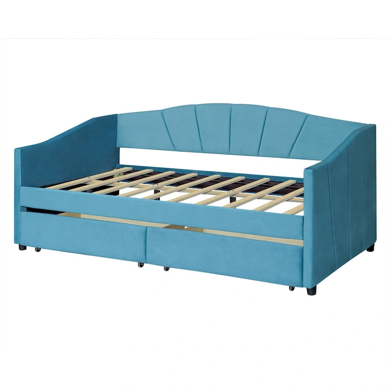 Lit de repos double en velours avec tiroirs de rangement – Beige / Bleu / Gris, assemblage par 2 personnes
