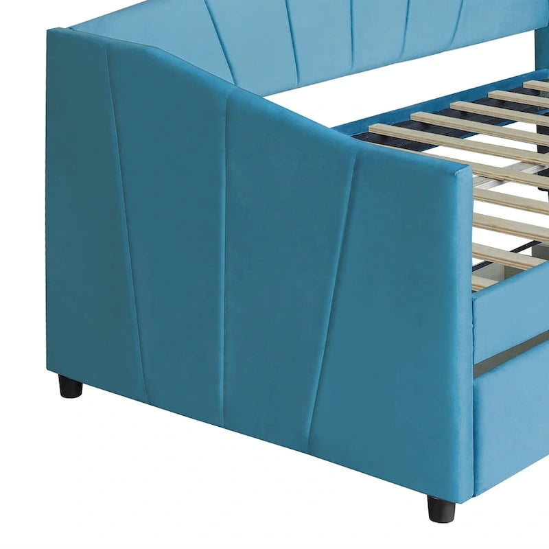 Lit de repos double en velours avec tiroirs de rangement – Beige / Bleu / Gris, assemblage par 2 personnes