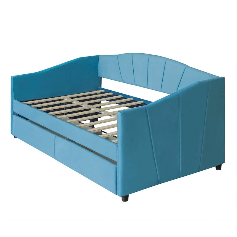 Lit de repos double en velours avec tiroirs de rangement – Beige / Bleu / Gris, assemblage par 2 personnes