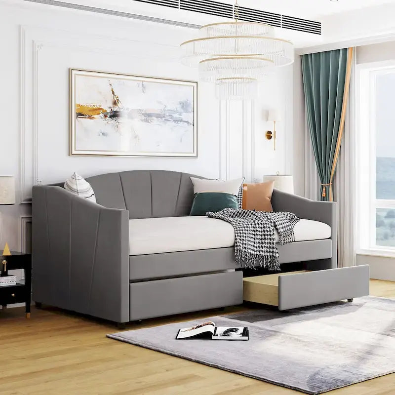 Lit de repos double en velours avec tiroirs de rangement – Beige / Bleu / Gris, assemblage par 2 personnes
