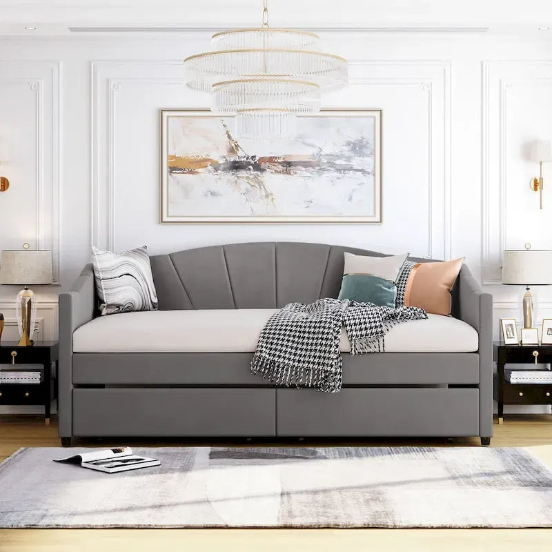 Lit de repos double en velours avec tiroirs de rangement – Beige / Bleu / Gris, assemblage par 2 personnes
