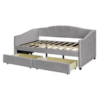 Lit de repos double en velours avec tiroirs de rangement – Beige / Bleu / Gris, assemblage par 2 personnes