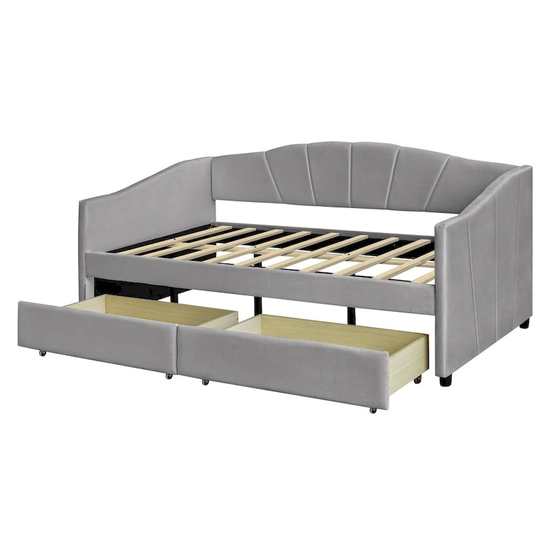 Lit de repos double en velours avec tiroirs de rangement – Beige / Bleu / Gris, assemblage par 2 personnes