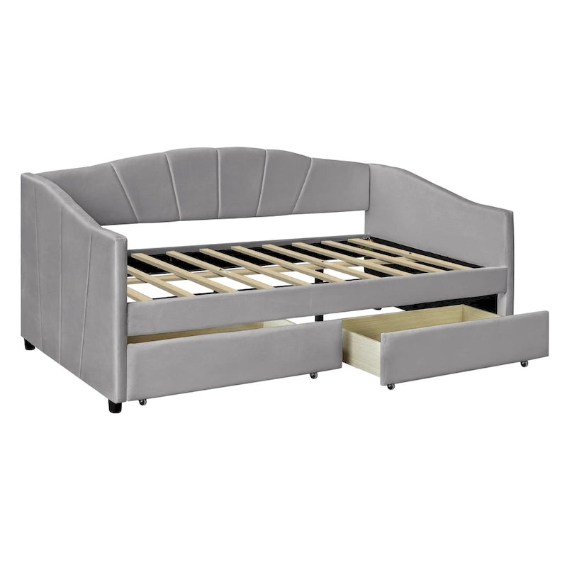 Lit de repos double en velours avec tiroirs de rangement – Beige / Bleu / Gris, assemblage par 2 personnes