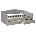 Lit de repos double en velours avec tiroirs de rangement – Beige / Bleu / Gris, assemblage par 2 personnes