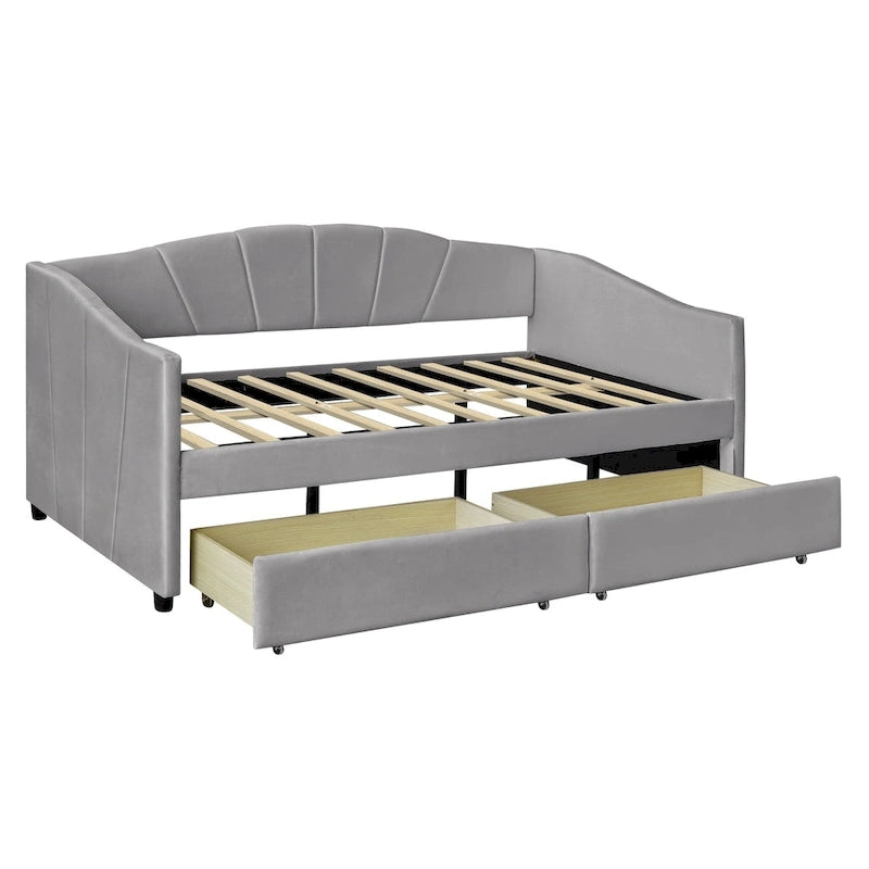 Lit de repos double en velours avec tiroirs de rangement – Beige / Bleu / Gris, assemblage par 2 personnes