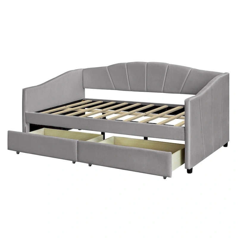 Lit de repos double en velours avec tiroirs de rangement – Beige / Bleu / Gris, assemblage par 2 personnes