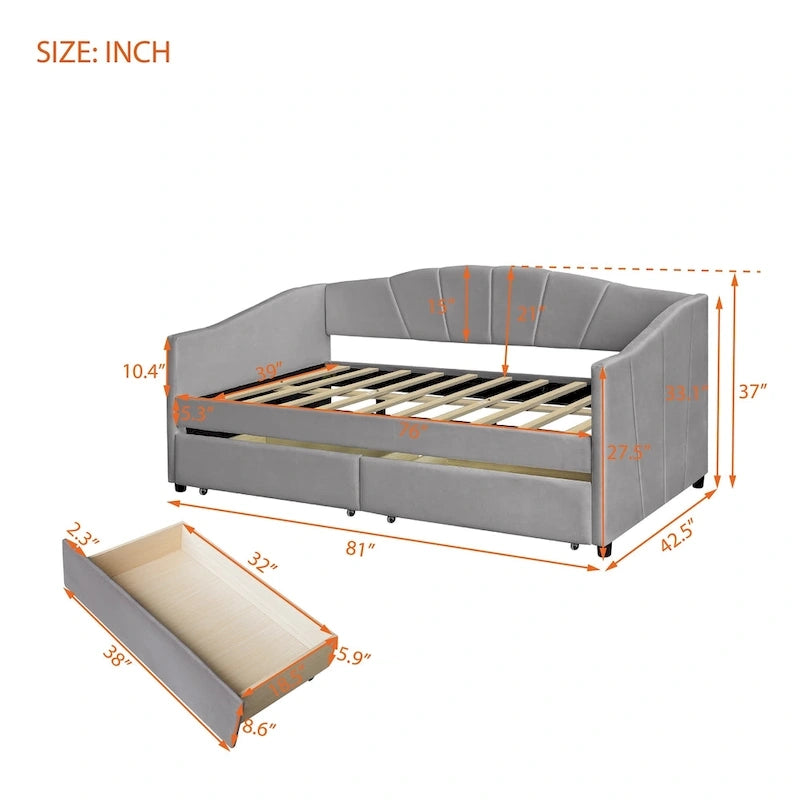 Lit de repos double en velours avec tiroirs de rangement – Beige / Bleu / Gris, assemblage par 2 personnes