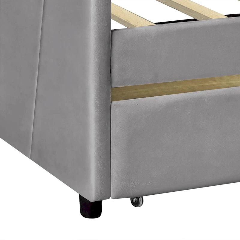 Lit de repos double en velours avec tiroirs de rangement – Beige / Bleu / Gris, assemblage par 2 personnes