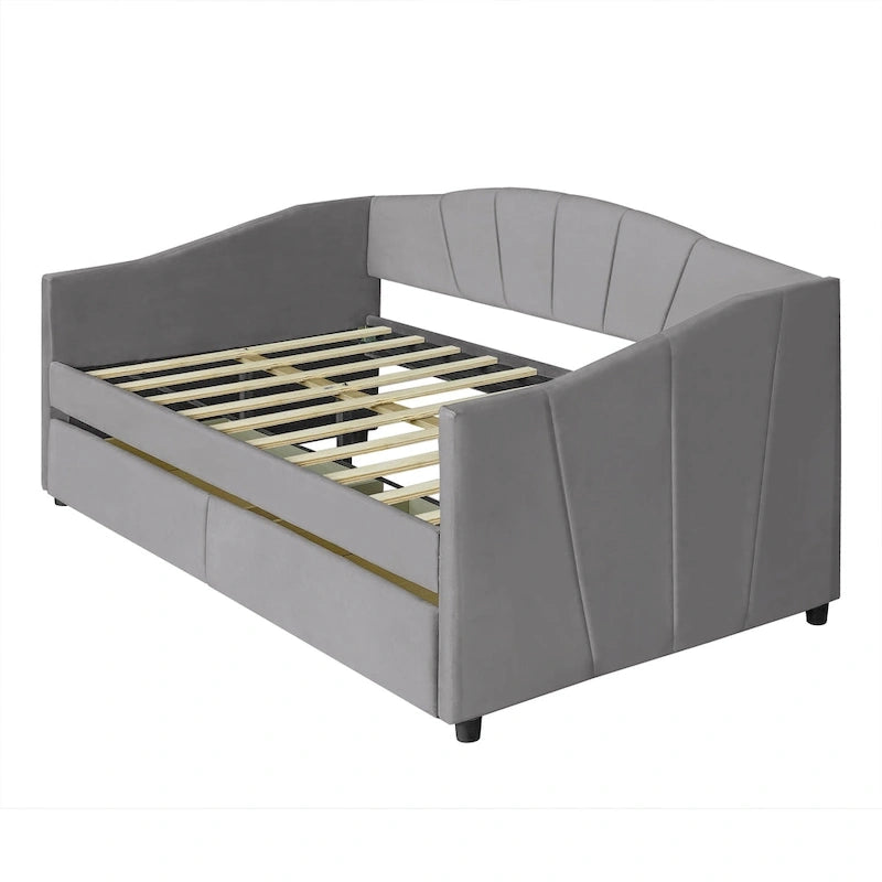 Lit de repos double en velours avec tiroirs de rangement – Beige / Bleu / Gris, assemblage par 2 personnes