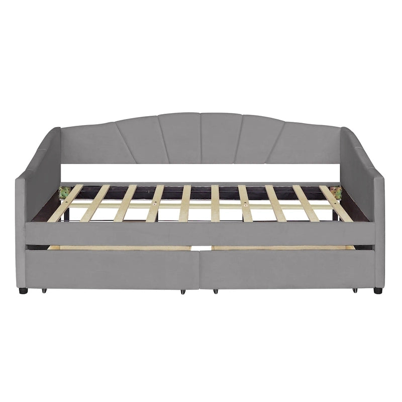 Lit de repos double en velours avec tiroirs de rangement – Beige / Bleu / Gris, assemblage par 2 personnes
