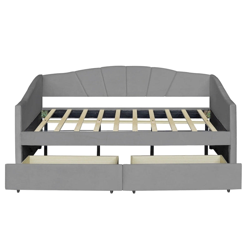 Lit de repos double en velours avec tiroirs de rangement – Beige / Bleu / Gris, assemblage par 2 personnes