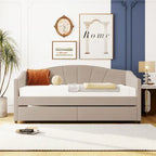 Lit de repos double en velours avec tiroirs de rangement – Beige / Bleu / Gris, assemblage par 2 personnes
