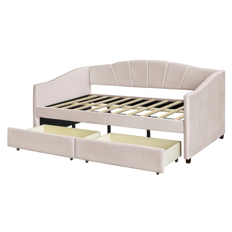 Lit de repos double en velours avec tiroirs de rangement – Beige / Bleu / Gris, assemblage par 2 personnes