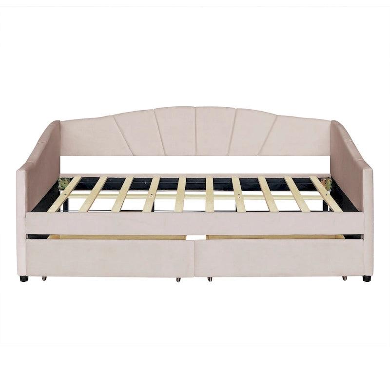 Lit de repos double en velours avec tiroirs de rangement – Beige / Bleu / Gris, assemblage par 2 personnes