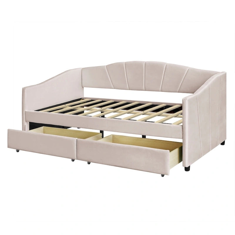 Lit de repos double en velours avec tiroirs de rangement – Beige / Bleu / Gris, assemblage par 2 personnes