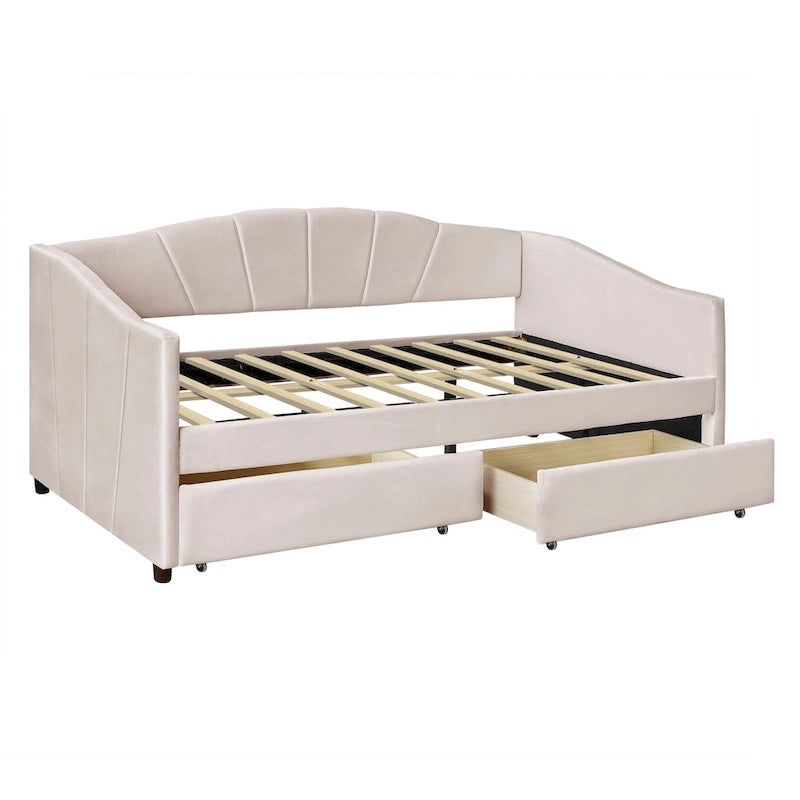 Lit de repos double en velours avec tiroirs de rangement – Beige / Bleu / Gris, assemblage par 2 personnes