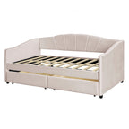 Lit de repos double en velours avec tiroirs de rangement – Beige / Bleu / Gris, assemblage par 2 personnes