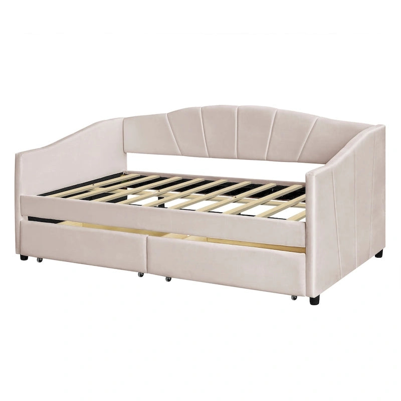Lit de repos double en velours avec tiroirs de rangement – Beige / Bleu / Gris, assemblage par 2 personnes