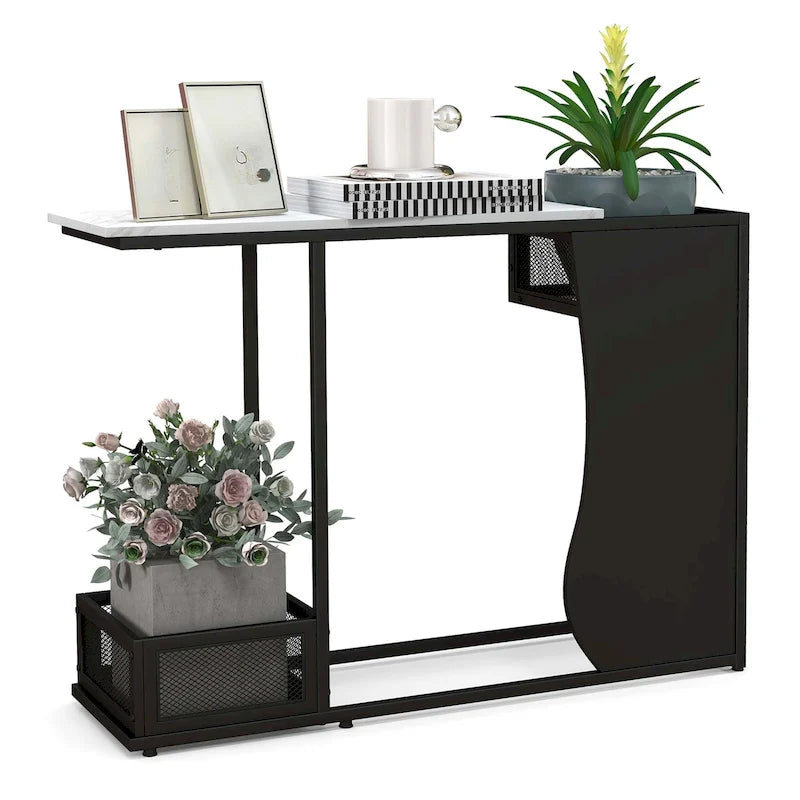 Console de 110,5 cm avec plateau en faux marbre, noir et blanc, et 2 paniers en maille