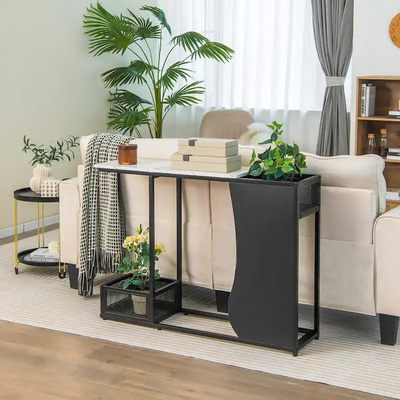 Console de 110,5 cm avec plateau en faux marbre, noir et blanc, et 2 paniers en maille
