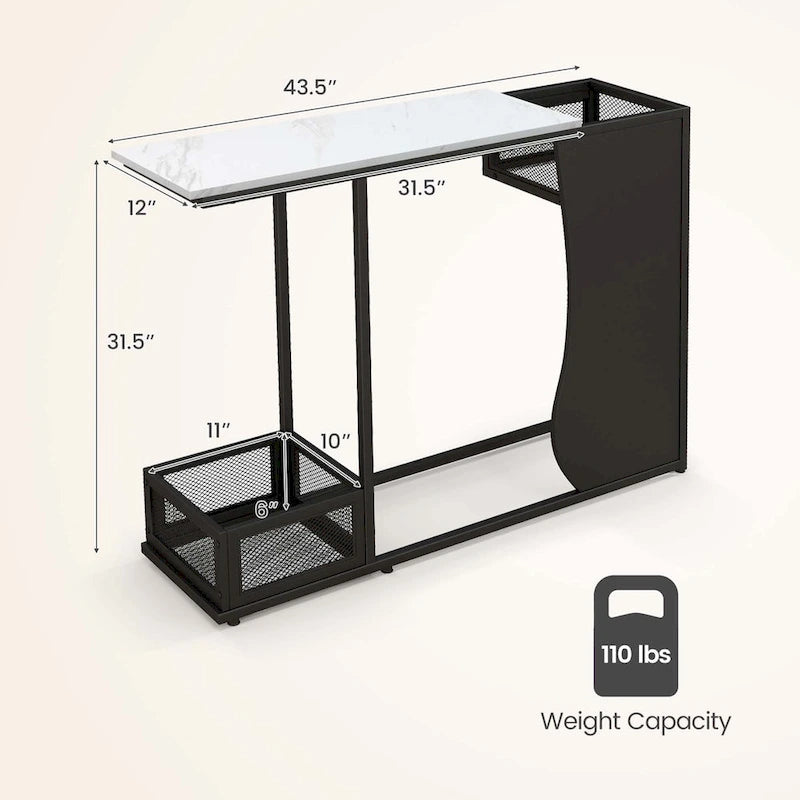 Console de 110,5 cm avec plateau en faux marbre, noir et blanc, et 2 paniers en maille