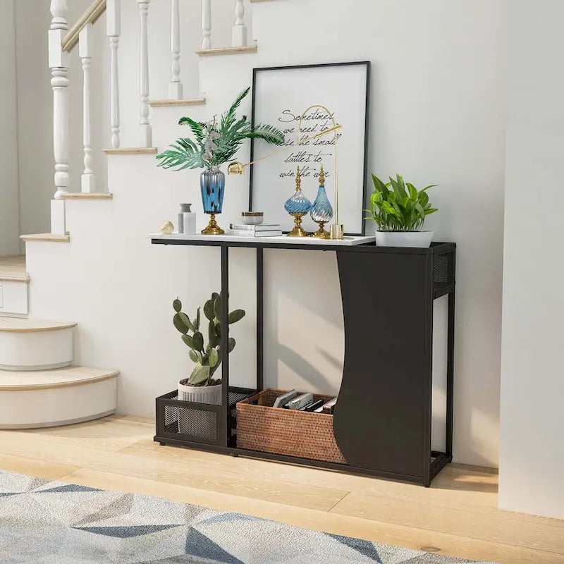 Console de 110,5 cm avec plateau en faux marbre, noir et blanc, et 2 paniers en maille