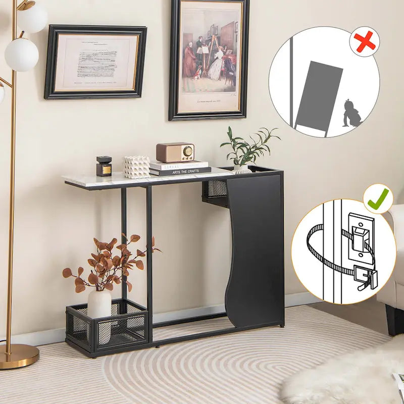 Console de 110,5 cm avec plateau en faux marbre, noir et blanc, et 2 paniers en maille