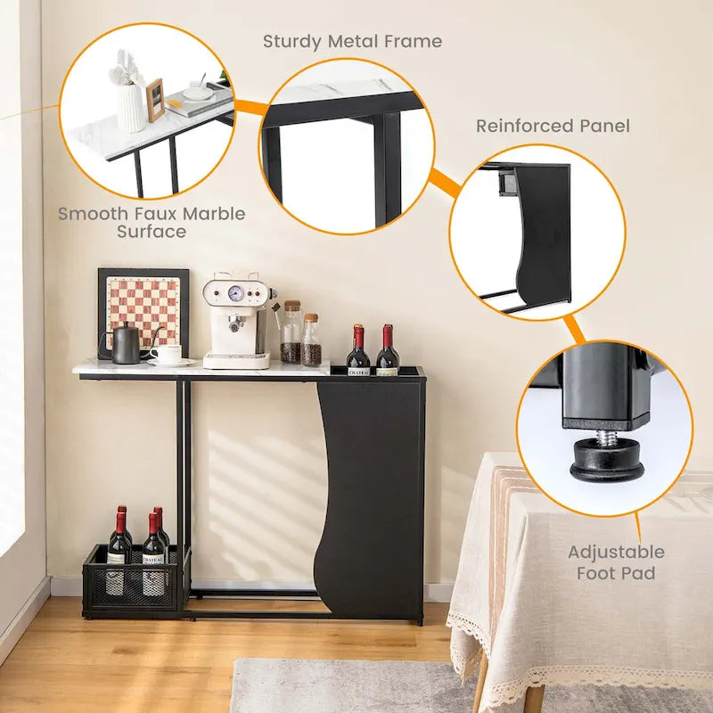 Console de 110,5 cm avec plateau en faux marbre, noir et blanc, et 2 paniers en maille