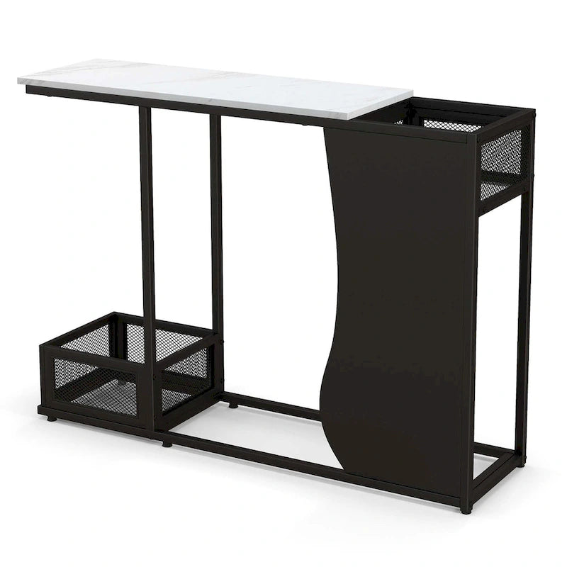 Console de 110,5 cm avec plateau en faux marbre, noir et blanc, et 2 paniers en maille