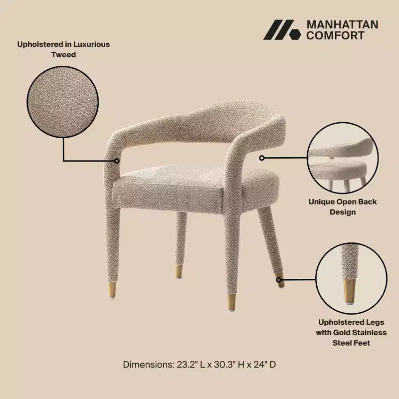 Manhattan Comfort Lot de 2 Chaises de Salle à Manger Rembourrées Modernes en Tweed Aspen Poussière d'Or