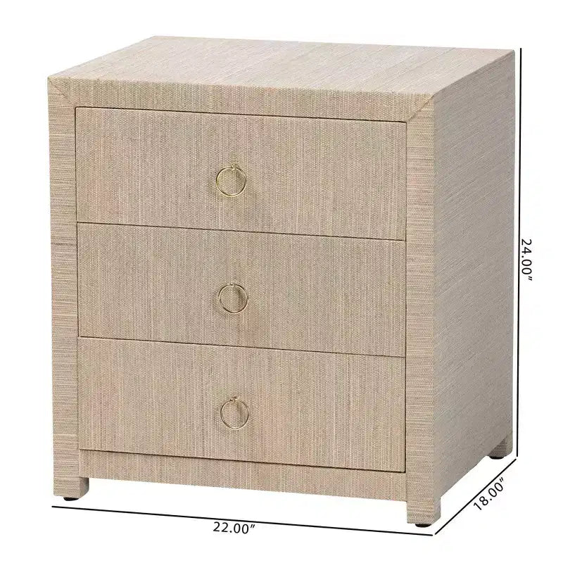 bali & pari Table de chevet à 3 tiroirs Quinn en toile de jute tissée Naturel/Doré