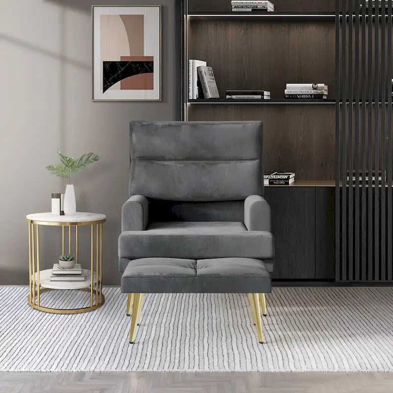 Fauteuil d'appoint en velours CraftPorch avec ottoman et pieds dorés modernes