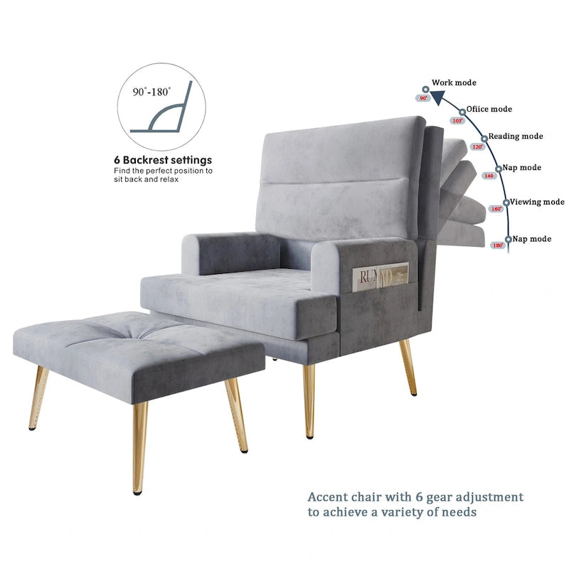 Fauteuil d'appoint en velours CraftPorch avec ottoman et pieds dorés modernes