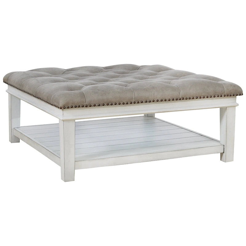 Table basse ottomane carrée blanche avec étagère inférieure, 1 place