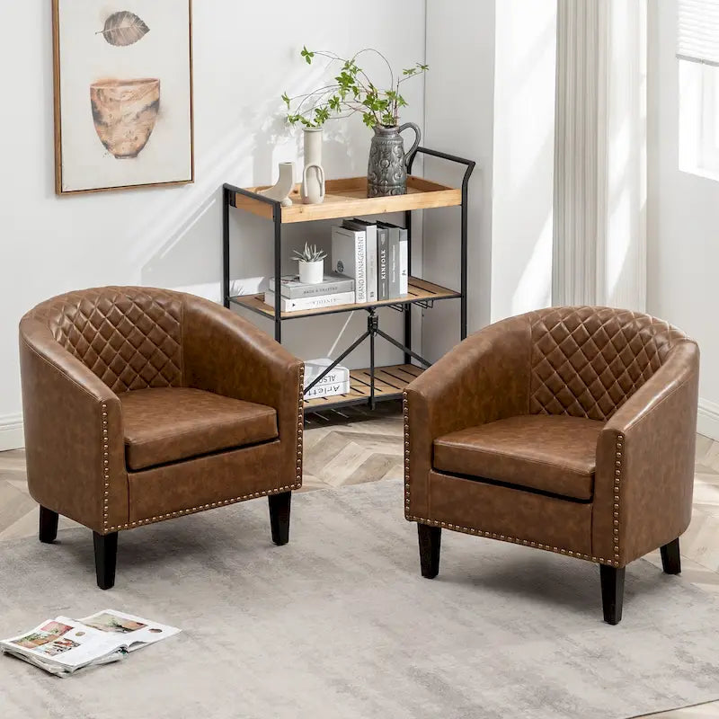 Fauteuil d'appoint baril en similicuir PU vert / café / marron / noir / rouge / crème avec clous décoratifs, lot de 2